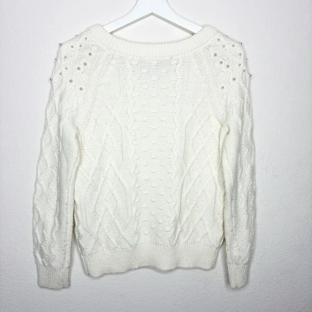 White House Black Market Cream Cable Knit Pearl Embellished Sweater XS - Picture 7 of 10